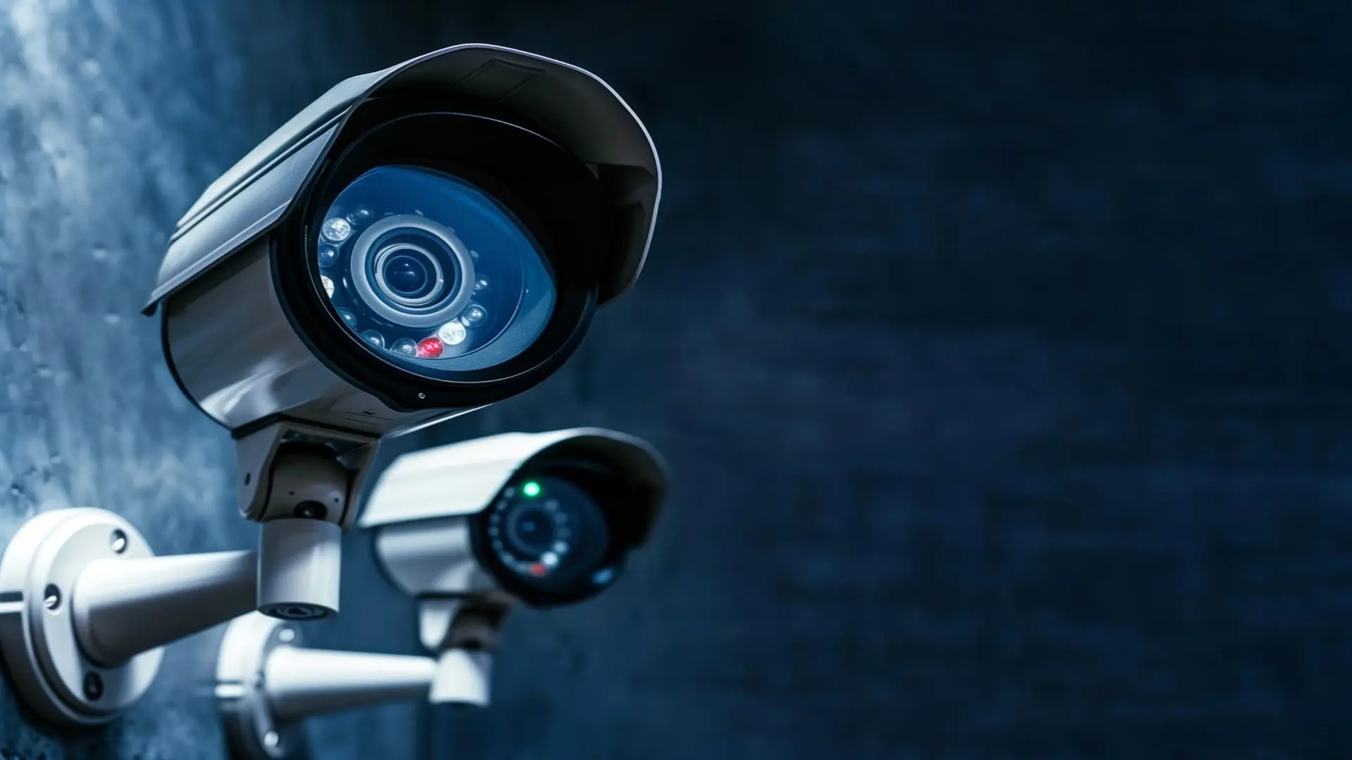 Two white CCTV security cameras mounted on a wall